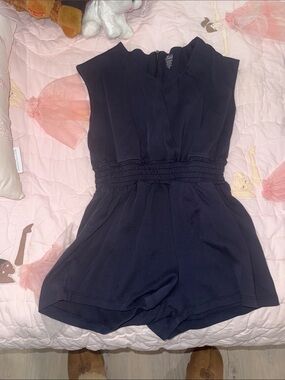 J.Elizabeth Navy Smocked-Waist Sleeveless One-Piece Romper